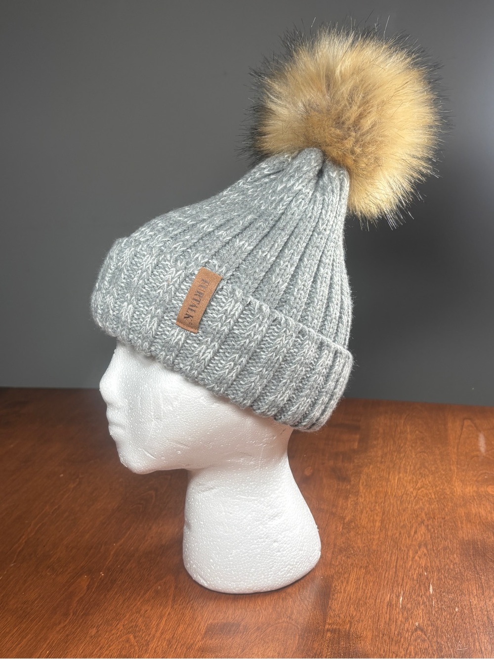 FURTALK Gray Ribbed Knit Beanie Faux Fur Pom Pom Hat